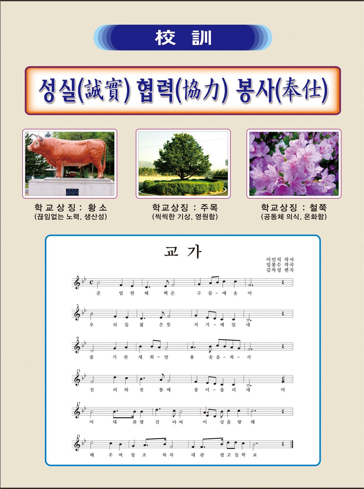 校訓 성실(誠)협력(協力) 봉사(奉仕)
학교상징 : 황소 (끊임없는 노력, 생산성)
학교상징 : 주목 (씩씩한 기상, 영원함)
학교상징 : 철쭉 (공동체 의식, 온화함)
교가
이인석 작사 임봉수 작곡 김차성 편곡
준엄한태택은구름-에솟아우리들젊은뜻거기-에있네줄기찬새희-망용솟음-쳐-서진리와전통에종이-울리네아아대관령건아여이상을향해배우면창조하자대관령고등학교